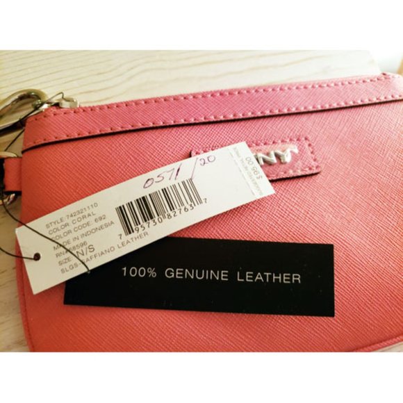 DKNY Pink Leather Wristlet Wrist Wallet Strap Interior Pocket Silvertone NWT - Picture 3 of 4